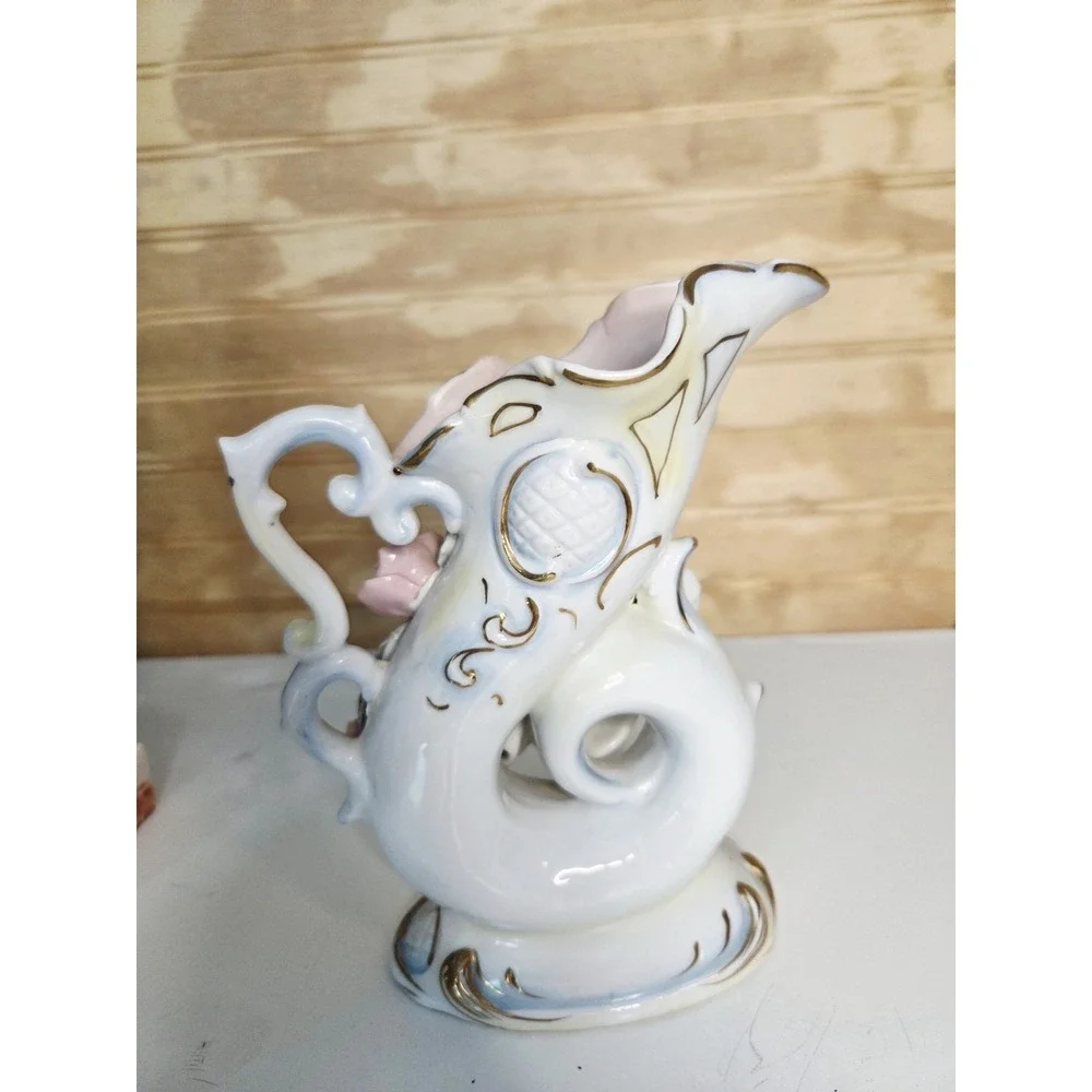Vintage Ucagco Japan Porcelain‎ Vase Applied Flowers Gold Trim Pitcher Boy Spill